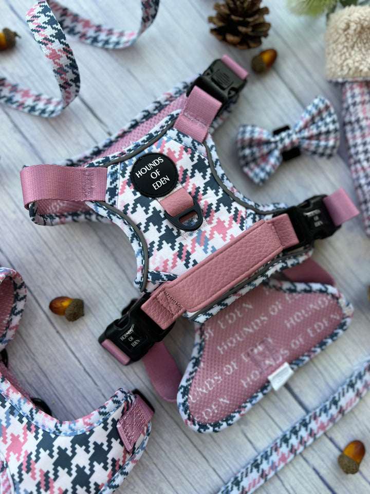 Pink Houndstooth Leather Dog Collar