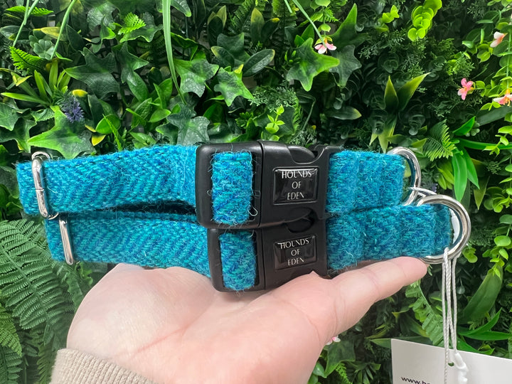 OUTLET- New: Harris Tweed Teal Herringbone Collar, Size Small, Silver, ‘Bruce’