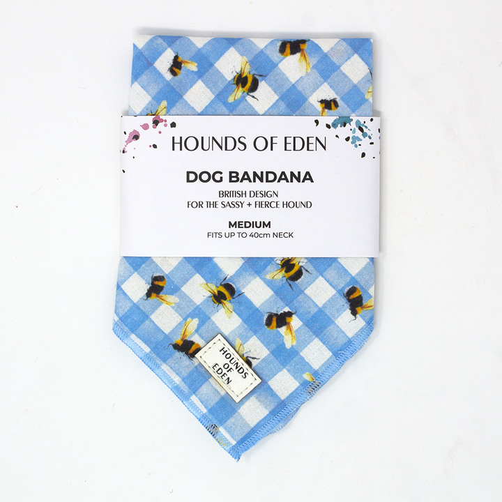 Bee You-tiful - Blue Gingham with Bees - Cotton Dog Bandana