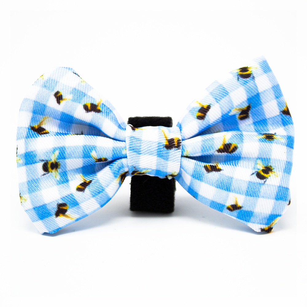 Bee You-tiful - Blue Gingham & Bees Dog Bow Tie